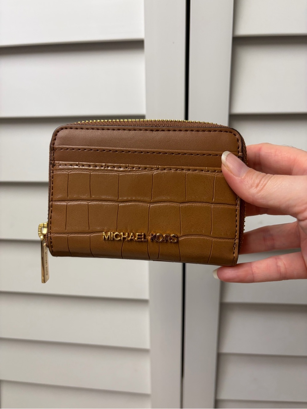 Michael Kors Brown Croc-Embossed Zip Card Holder with Gold Hardware
